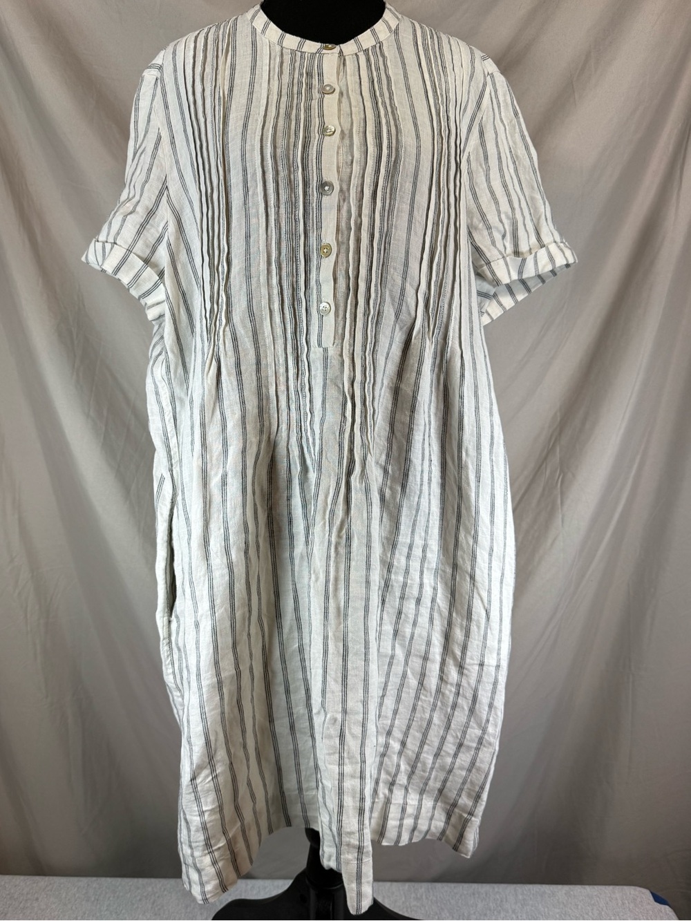 Quince 100% European Linen Pintuck Swing Dress Gray Stripe - Size Large